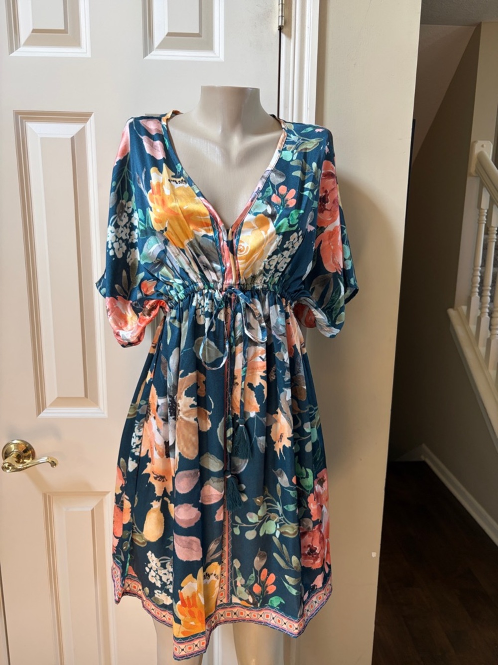 NWT World Market Teal Floral Drawstring Waist Dress, s/m